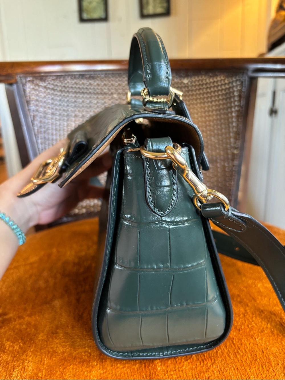 Coach Morgan Top Handle Satchel Croc Embossed Leather Green Crossbody Bag - Picture 16 of 16